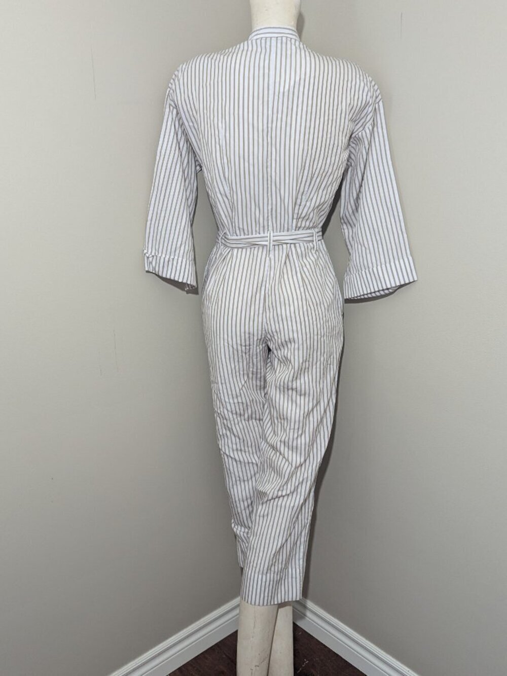 Club Monaco Striped Tencel Jumpsuit  Khaki White Size 00 Luxe NEW - Picture 4 of 7